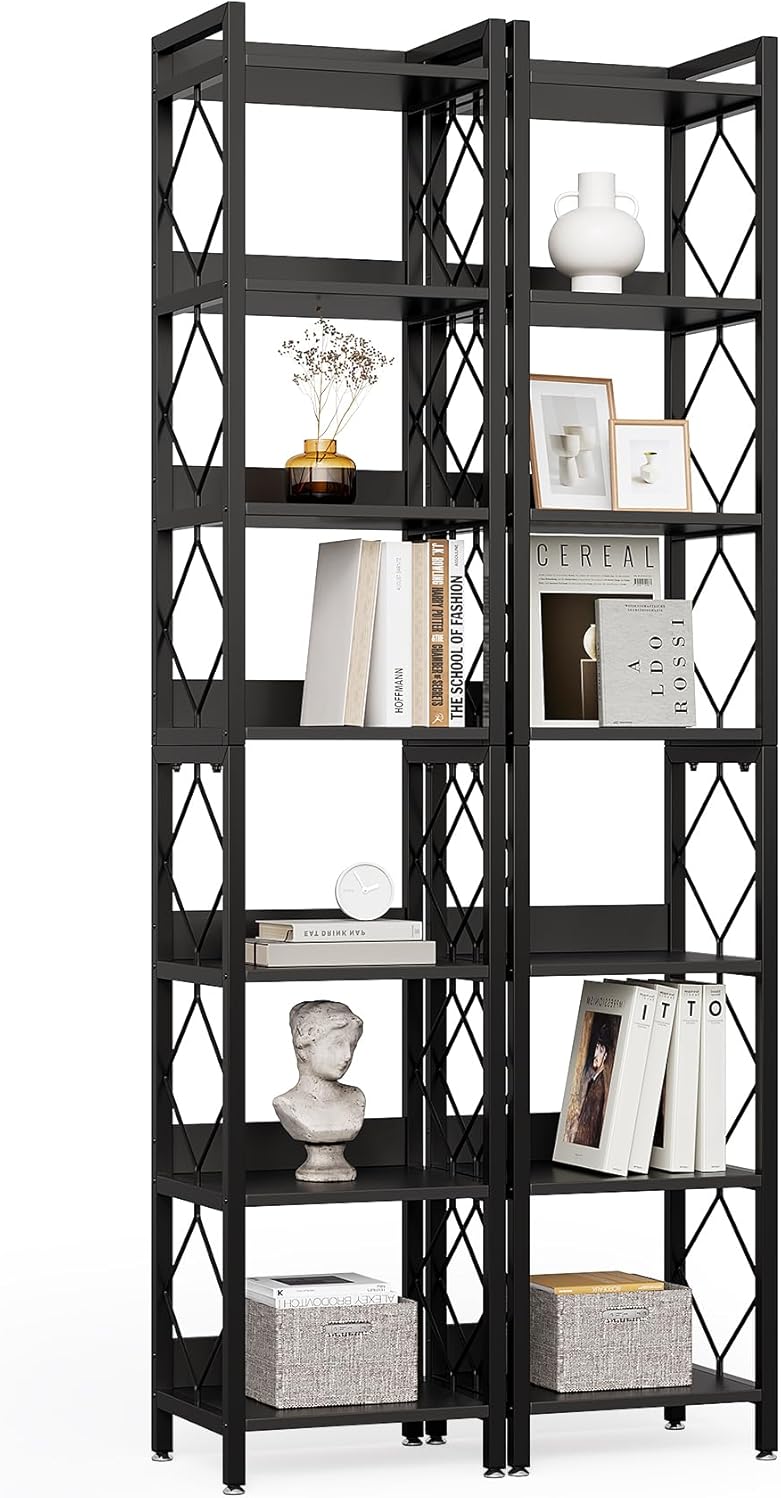 LITTLE TREE Book Shelf Set of 2, 7-Tier Tall Bookcase, Wooden Display Shelves with Metal Frame for Living Room, Modern Narrow Standing Bookshelves for Bedroom, Black Office Shelf for Small Spaces