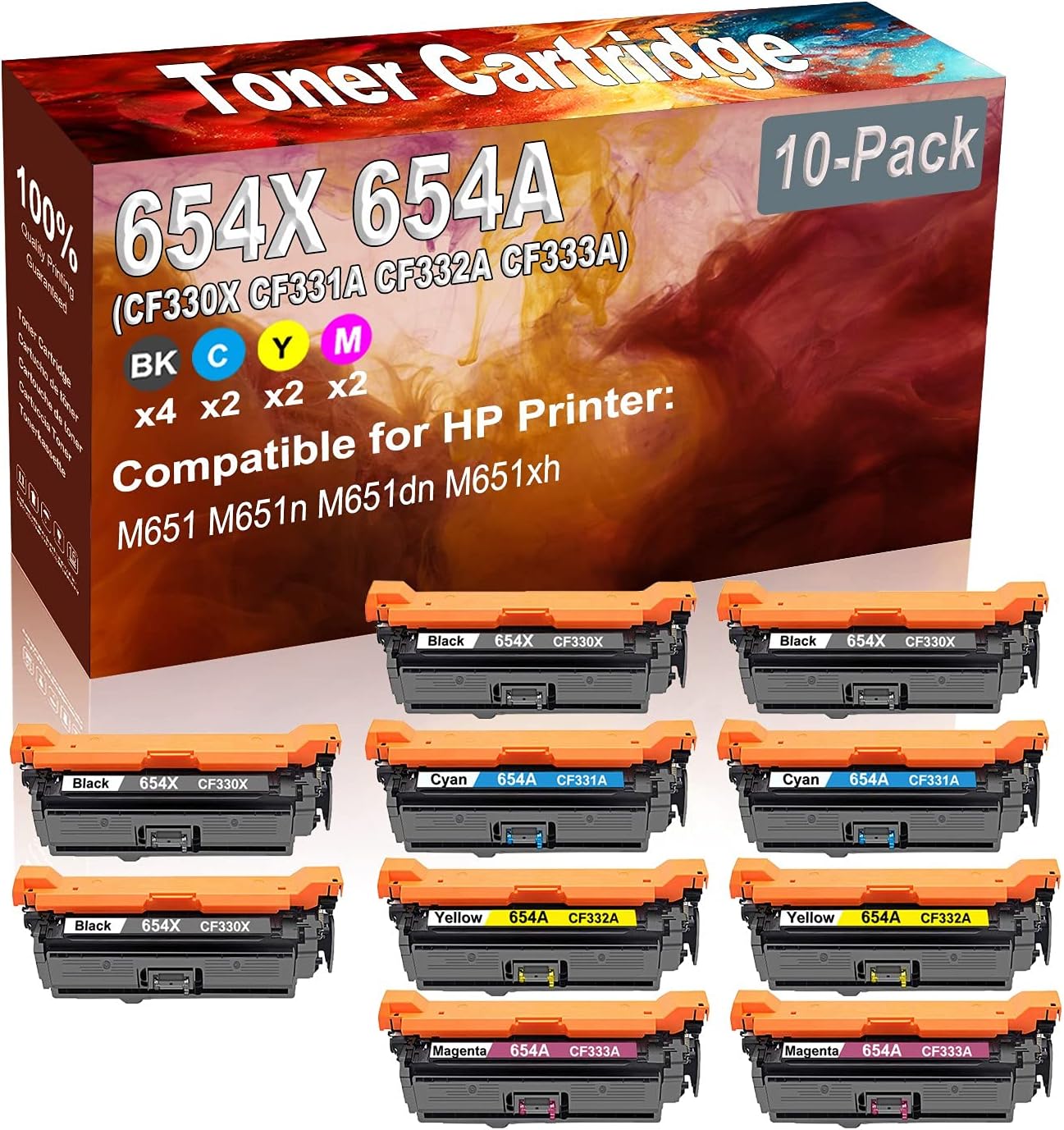 10-Pack (4BK+2C+2Y+2M) Compatible High Yield 654X 654A (CF330X CF331A CF332A CF333A) Printer Toner Cartridge use for HP M651 M651n M651dn Printers