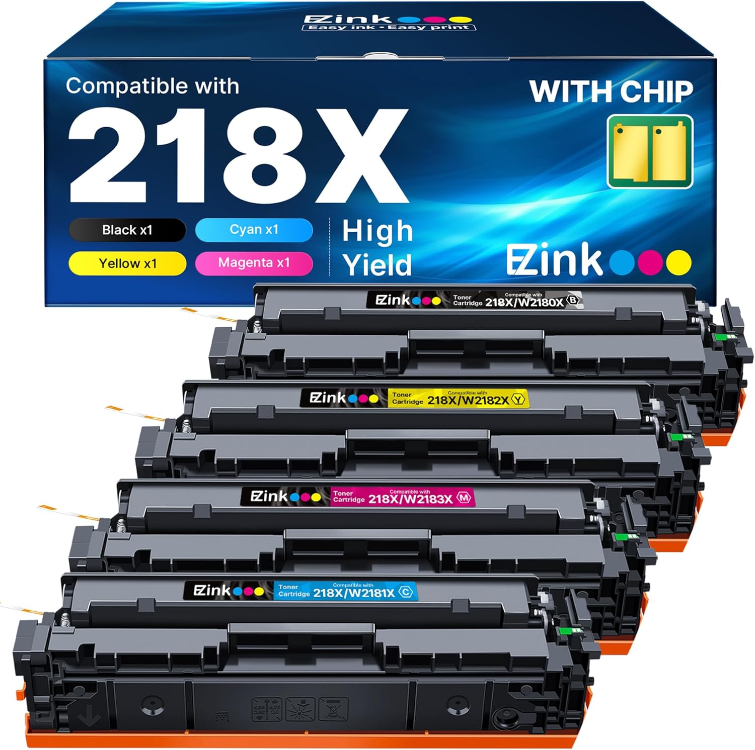 E-Z Ink 218X with Chip Compatible for HP 218X Toner Cartridges 4 Pack 218A Toner for HP Color LaserJet pro MFP 3301fdw Toner 3301cdw 3201dw 3301sdw Printer Ink Set W2180A W2180X (BCMY)