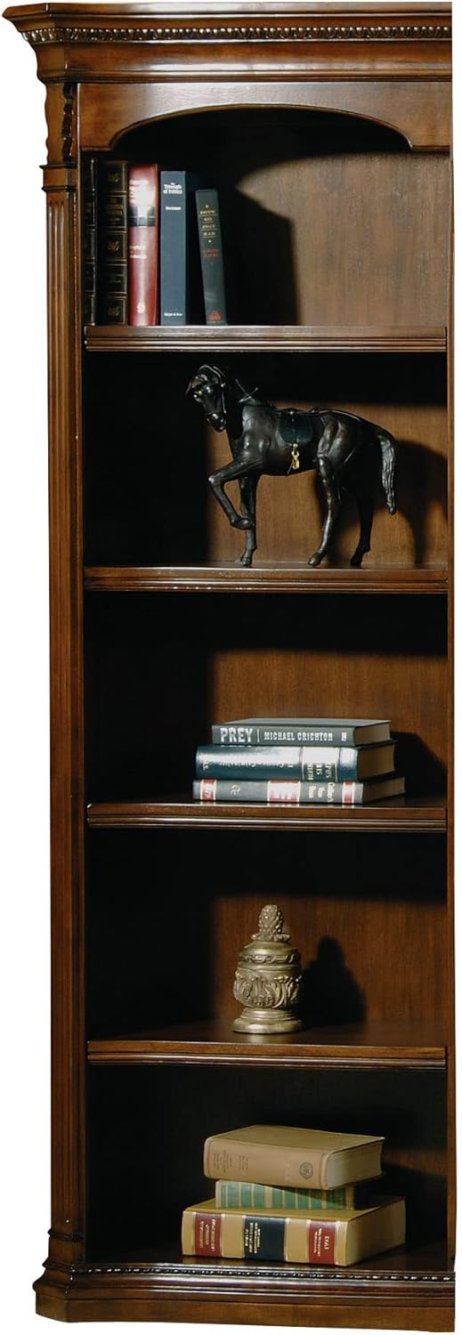 Hekman Old World Walnut Burl Executive Left Bookcase - Wood Bookshelf, 5 Shelf Bookcase, 3 Adjustable Wood Shelves, Wooden Finish, Case Levelers - Home, Library, Bedroom, and Living Room Furniture
