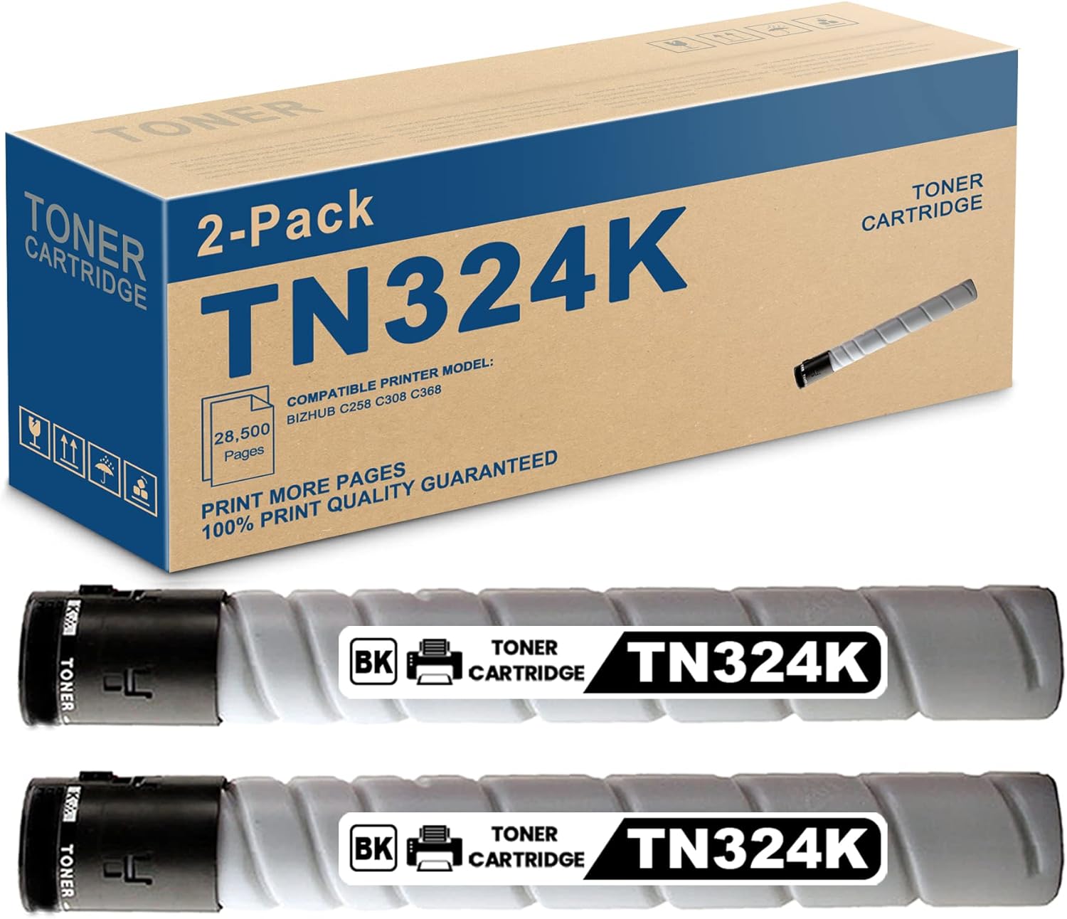 TN324 Black Toner Cartridge 2 Pack - Compatible TN324K | A8DA130 Toner Cartridge Replacement for Konica Minolta Bizhub C258 C308 C368 Printer