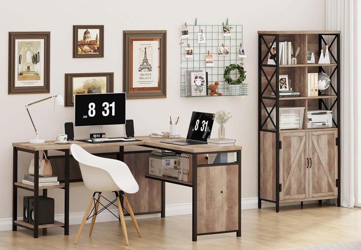 FATORRI Bookcase with Doors and L Shaped Desk (Rustic Oak)