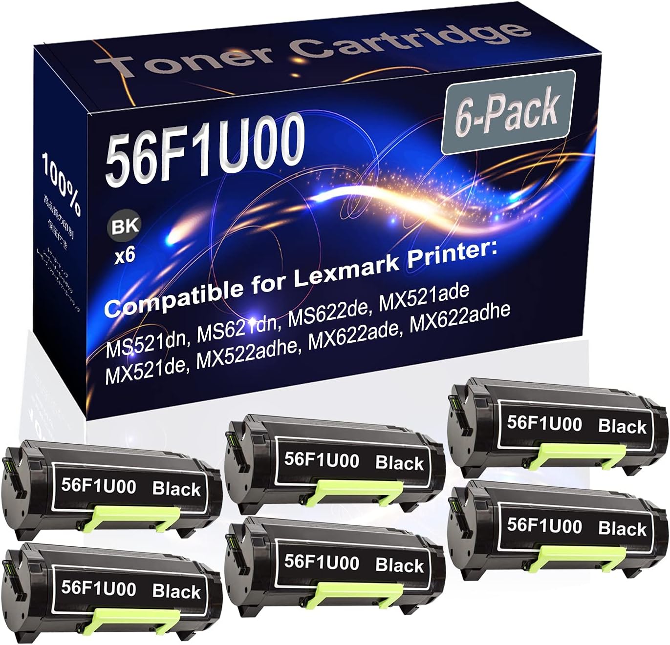 Kolasels 6-Pack (Black) Compatible MS521dn MS621dn MS622de MX521ade Laser Printer Cartridge (High Capacity) Replacement for 56F1U00 Printer Cartridge