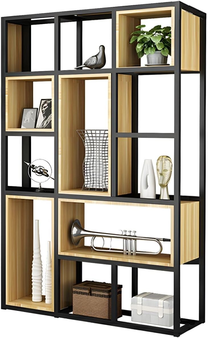 KWOKING Wood Industrial Cube Bookcase with Shelves & Open Back Iron Bookshelf Floor Steel & Wood Shelf Multi-Layer Shelf Storage Rack Office Partition Display Rack Natural 47.2