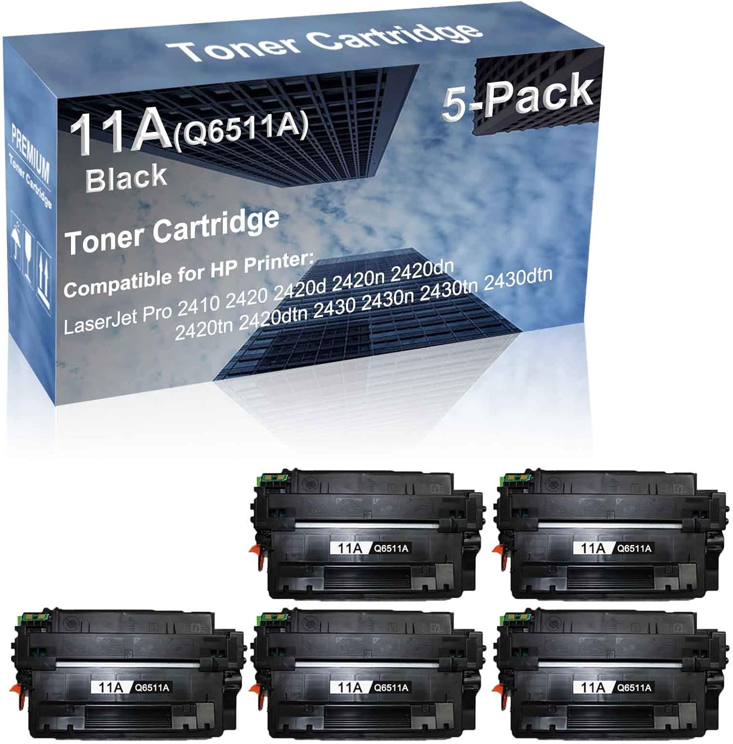 5-Pack Compatible High Capacity 11A (Q6511A) Imaging Toner Cartridge use for 2410 2420 2420d Printer (Black)