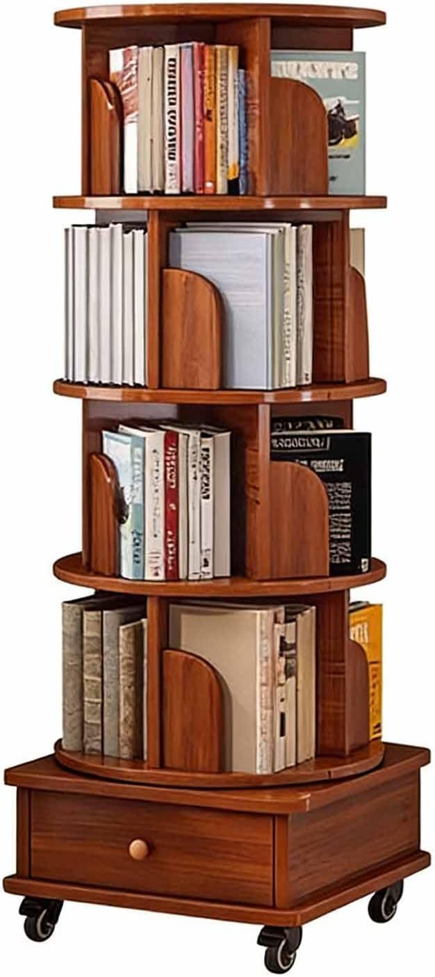 HEIDOUHEI Rotating Bookshelf 5-Tier Spinning Bookcase 360° Swivel Base Drawe Wood Mobile Corner for Living Room Bedroom Home Office-Brown