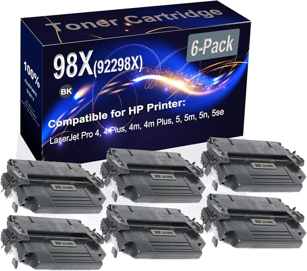 6-Pack (Black) Compatible High Yield 98X (92298X) Printer Cartridge use for HP 4, 4 Plus, 4m, 4m Plus, 5, 5m Printer