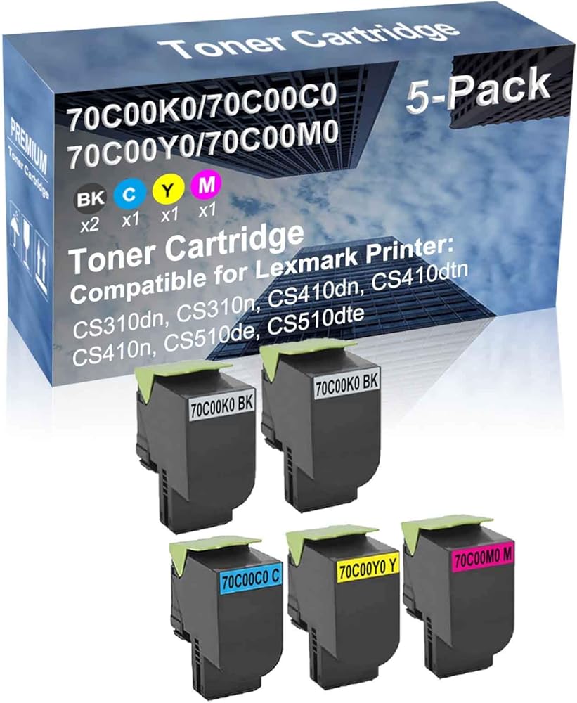 5-Pack (2BK+C+Y+M) Compatible High Yield 70C00K0+ 70C00C0+ 70C00Y0+ 70C00M0 Laser Printer Toner Cartridge Used for CS510de, CS510dte Printer
