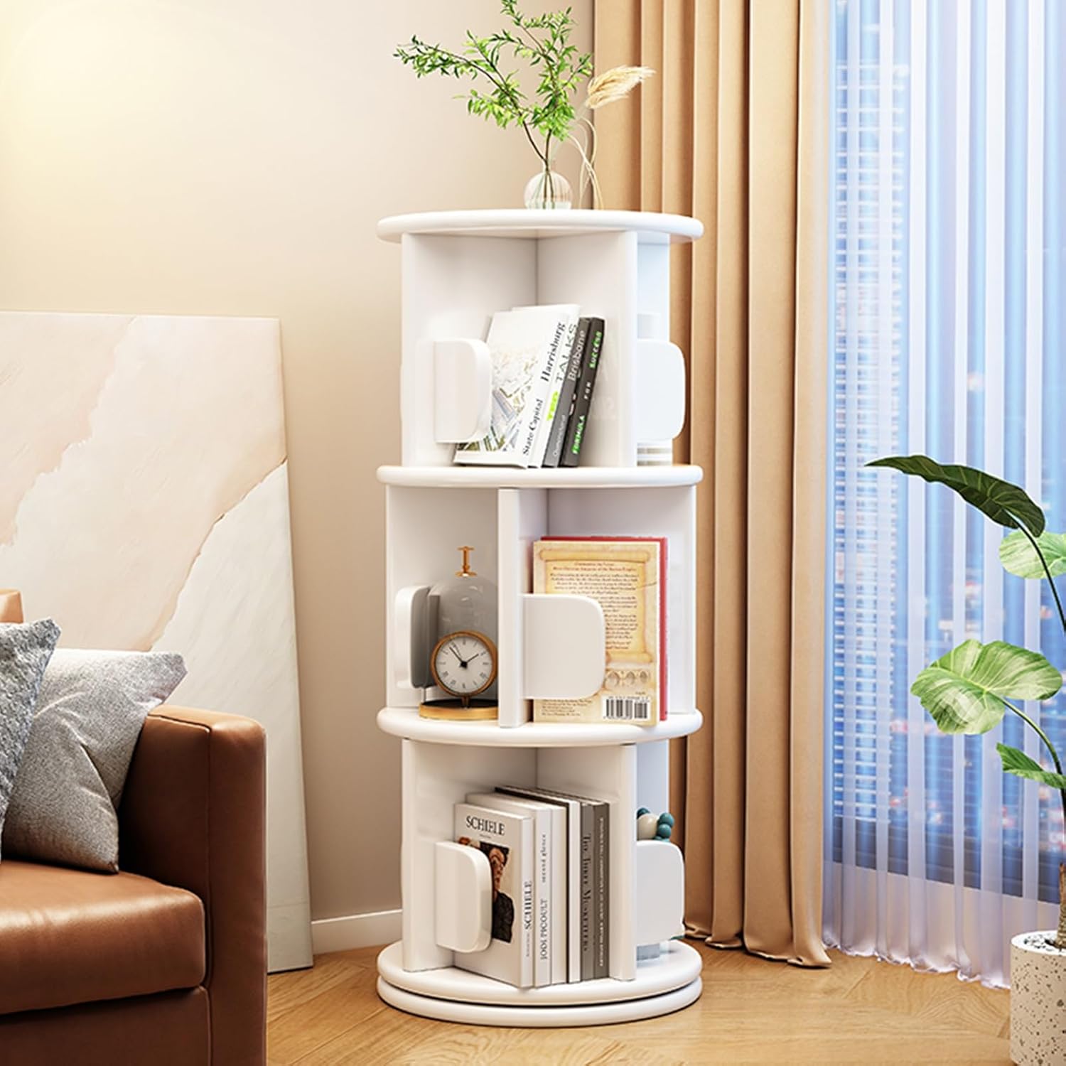 Multi Layered 360° Rotating Wood Bookshelf Tower with Bookends 3 Tier Standing Bookcase Display Storage Rack for Home/Office/Study Round Design 15.7x15.7x47.2 inches