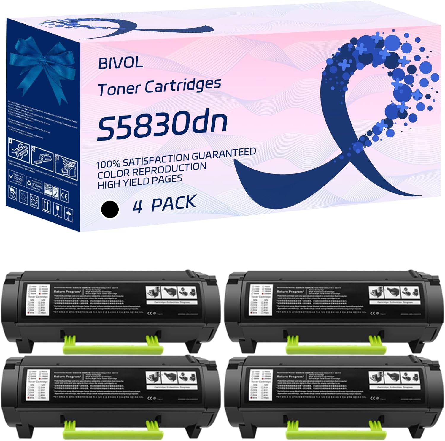 BIVOL S5830dn Toner Cartridges Compatible for Dell S5830dn Printers, with Chip, High Yield 26000 Pages, Vivid Colors (4 Pack Black)