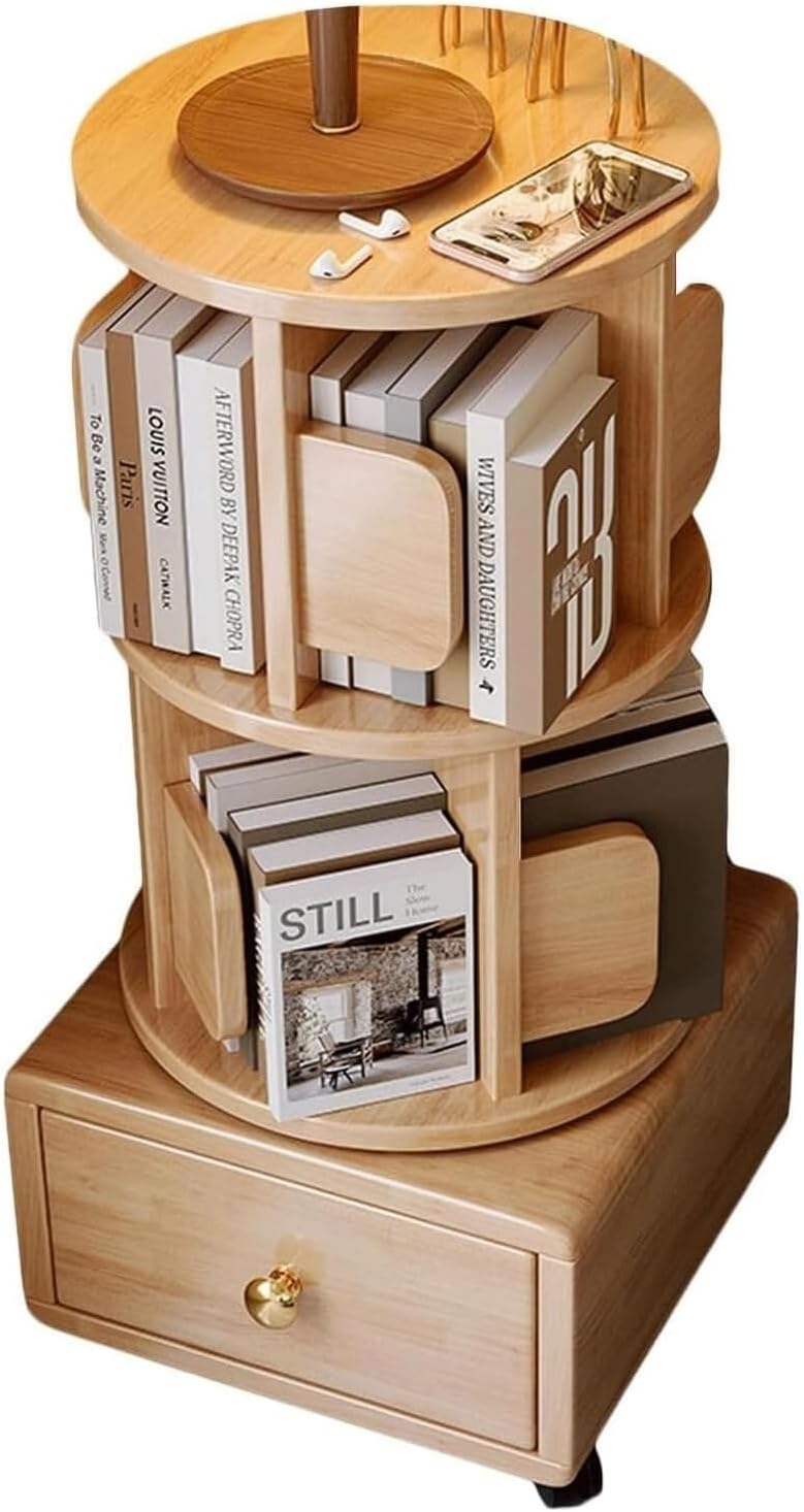 IRYZE Modern Open Bookshelf 360° Rotating Bookshelf 2-Tier Bookcase with Drawer Wood Floor Standing Book Shelf with Wheels Multifunctional Display Stand (Color : Wood Color, Size : 42 * 42 * 85cm)