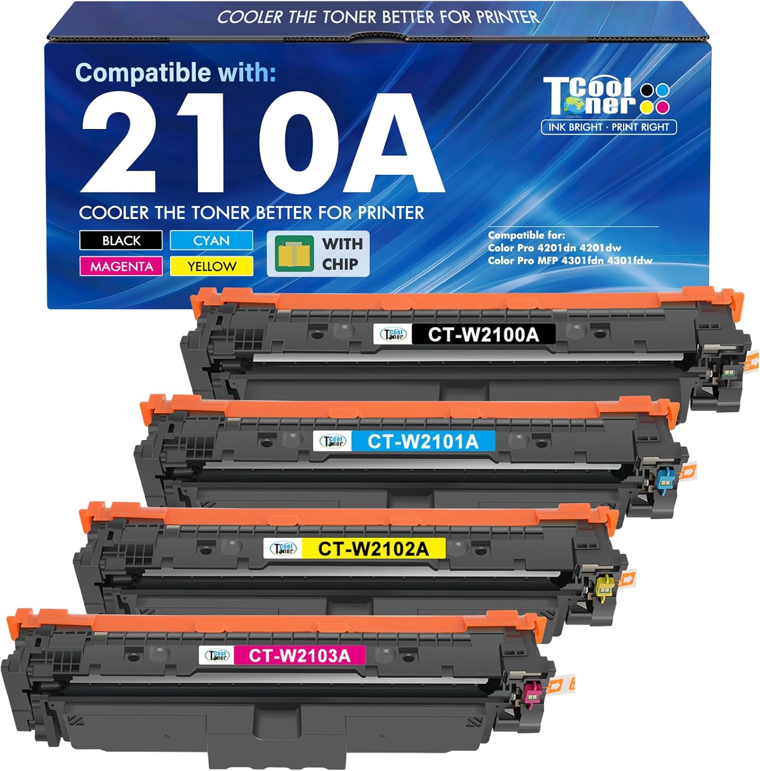 210A Toner Cartridges 4 Pack 4301fdw 210X Compatible for HP 210A 210 Toner Cartridges Replacement for HP Color LaserJet Pro MFP 4301fdn Pro 4201dw 4201dn W2100X W2100A Series Printer Ink (with Chip)