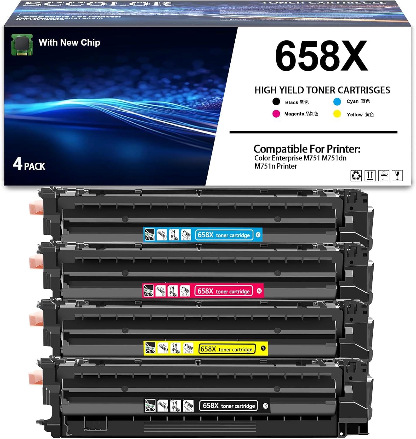 658X Toner Cartridge High Capacity 33,000 Pages Black Cyan Yellow Magenta Compatible W2000X W2001X W2002X W2003X Toner Cartridge Replacement for Color Enterprise M751 M751dn M751n Printer