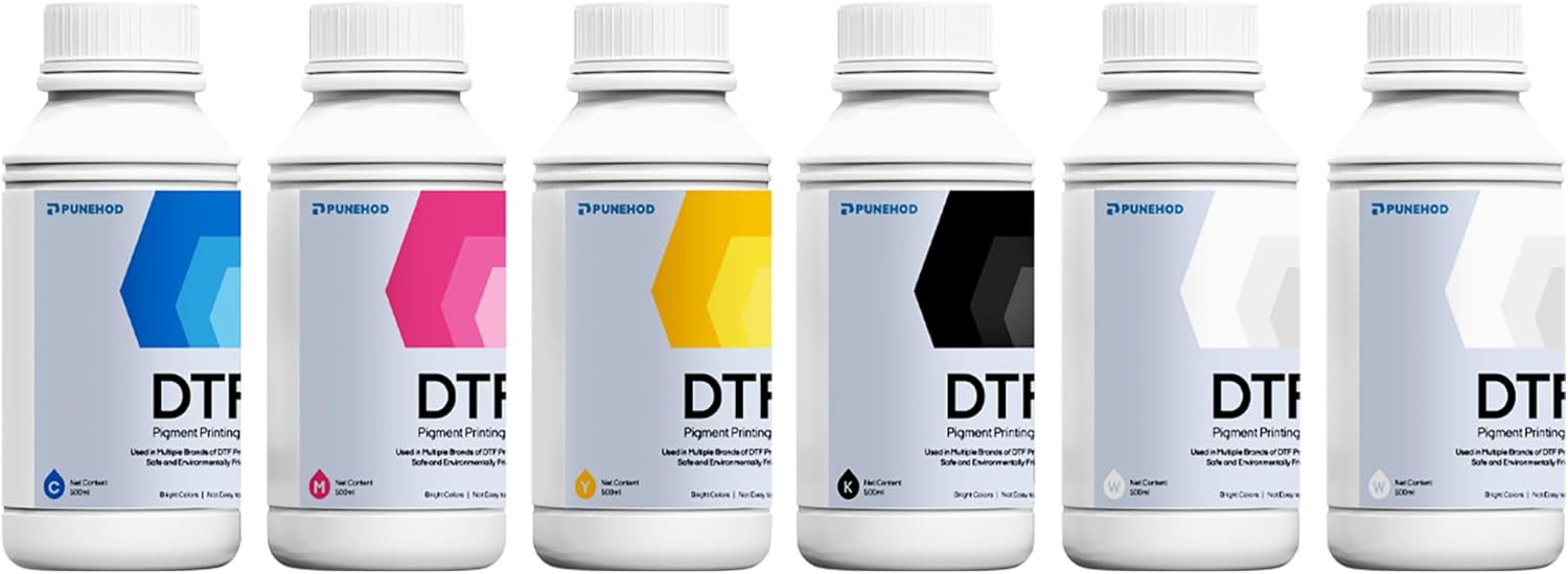 PUNEHOD DTF Ink 3000ML - Premium DTF Transfer Ink for PET Film, Refill Ink for DTF Printer L1800 L805 L800 DX5 DX7 XP600 I3200 TX800, Heat Transfer Printing Direct to Film, 6 * 500ml (CMYKW+White)