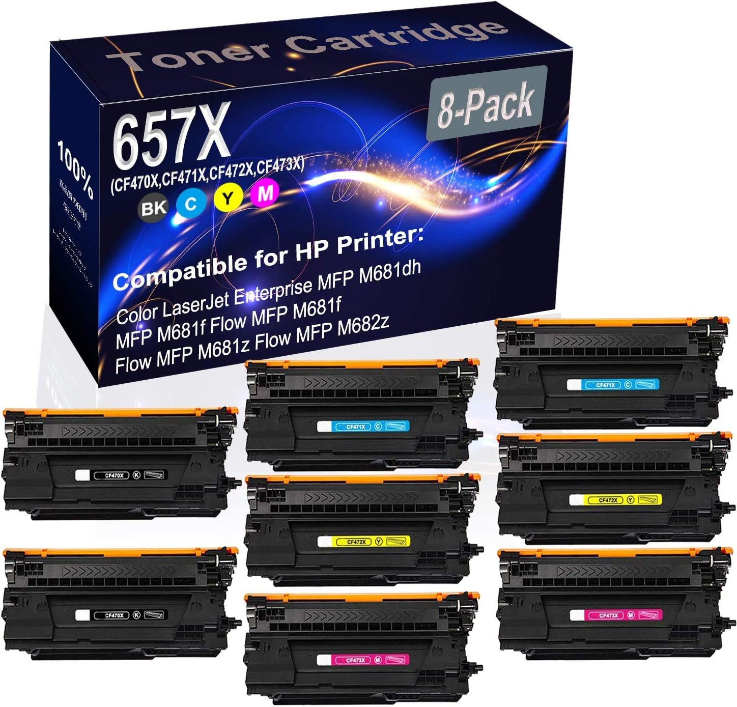8-Pack (2BK+2C+2Y+2M) Compatible High Yield 657X (CF470X CF471X CF472X CF473X) Printer Toner Cartridge use for HP M652 M653 M681 M682 Printers