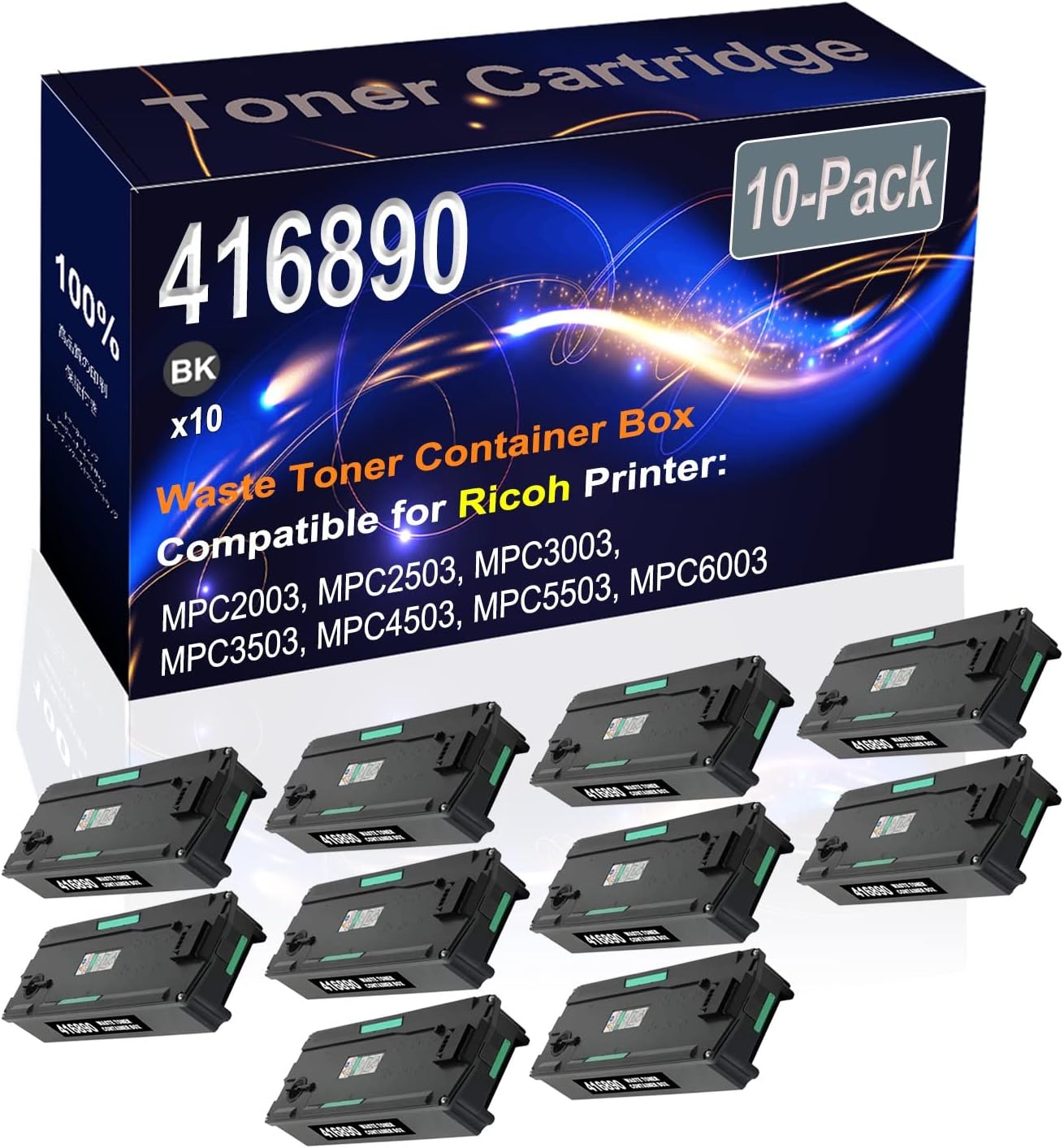 Kolasels 10-Pack (Black) Compatible 416890 Waste Toner Container Box (High Capacity) fit for Ricoh MPC2003 MPC2503 MPC3003 MPC3503 MPC4503 Printer
