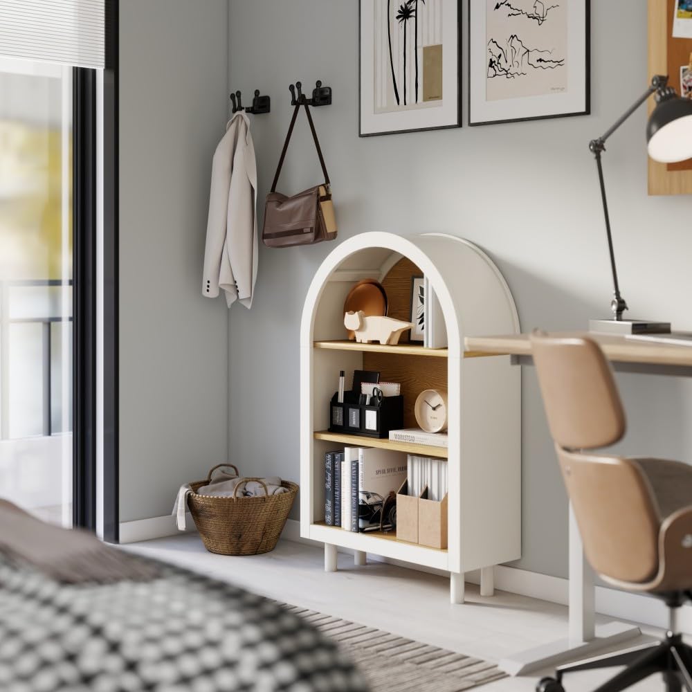 YTGIH Arched Small Bookcase,Arched Storage Cabinet,Wooden Modern Arched Top Bookshelf with 3 Shelves,White with Woodgrain Shelves, 3-Tier Storage Shelf for Living Room, Bedroom, Entryway (White)