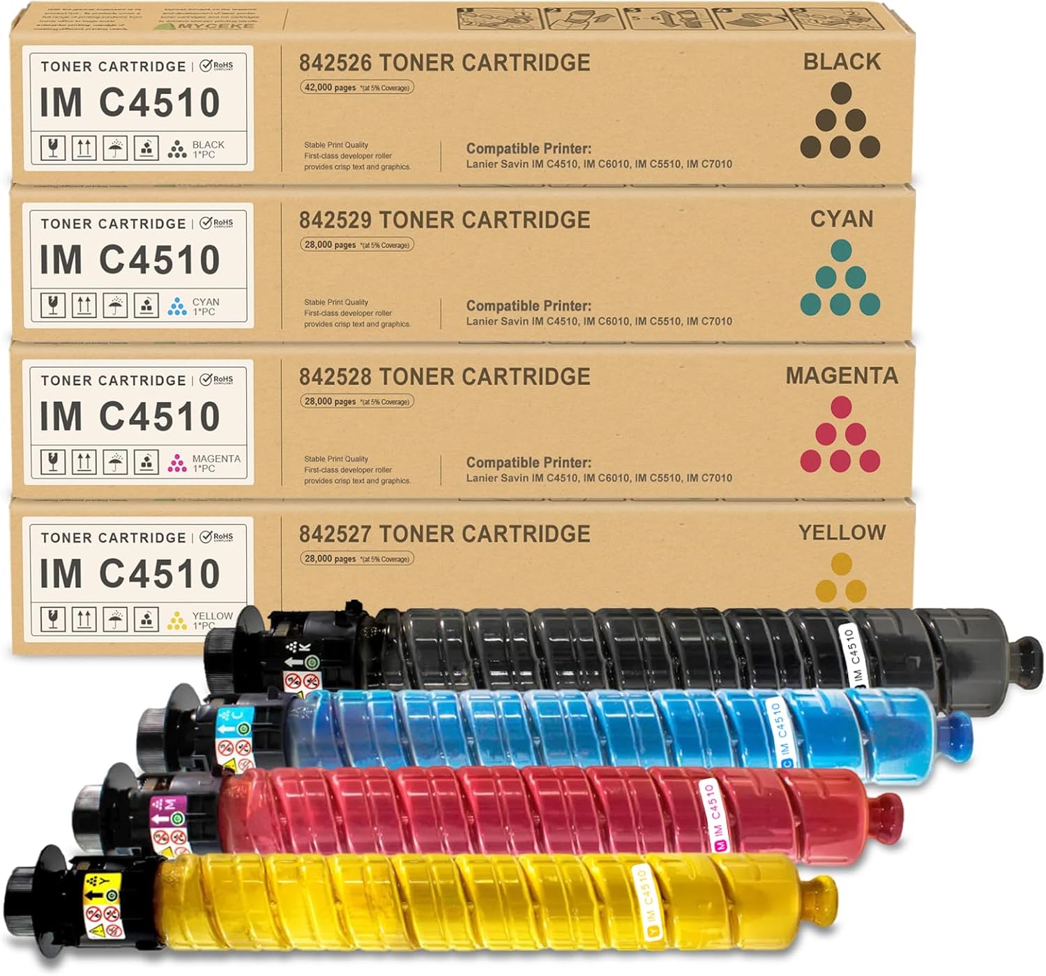 Myceke 4 Pack IM C4510 IM C6010 Toner Cartridge : Compatible Replacement Toner Cartridge for Ricoh Lanier Savin IM C5510 IM C7010 Printer (Black Cyan Yellow Magenta , 842526 842529 842528 842527)