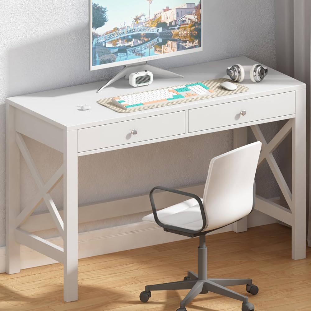 ChooChoo Computer Desk Study for Home Office, Modern Simple 40 Inches White Desk with Drawers, Makeup Vanity Console Table