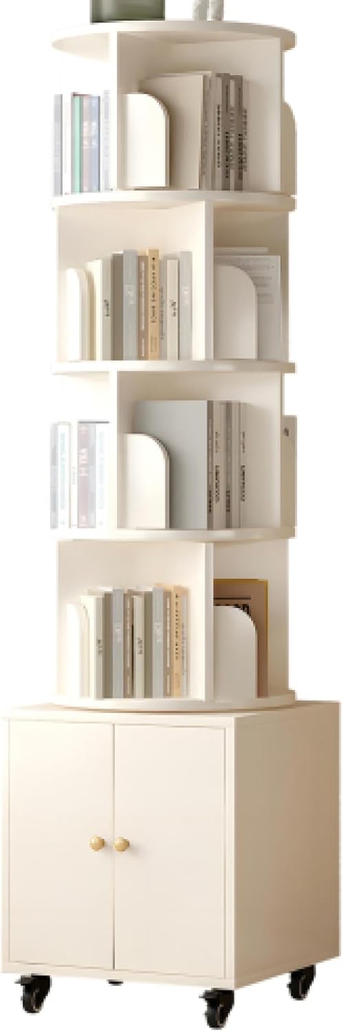 HEIDOUHEI Rotating Bookshelf Floor Standing Bookcase Storage Rack 360 Display Spinning Retro Drawer for Small Spaces Bedroom Living Room Home Office-White