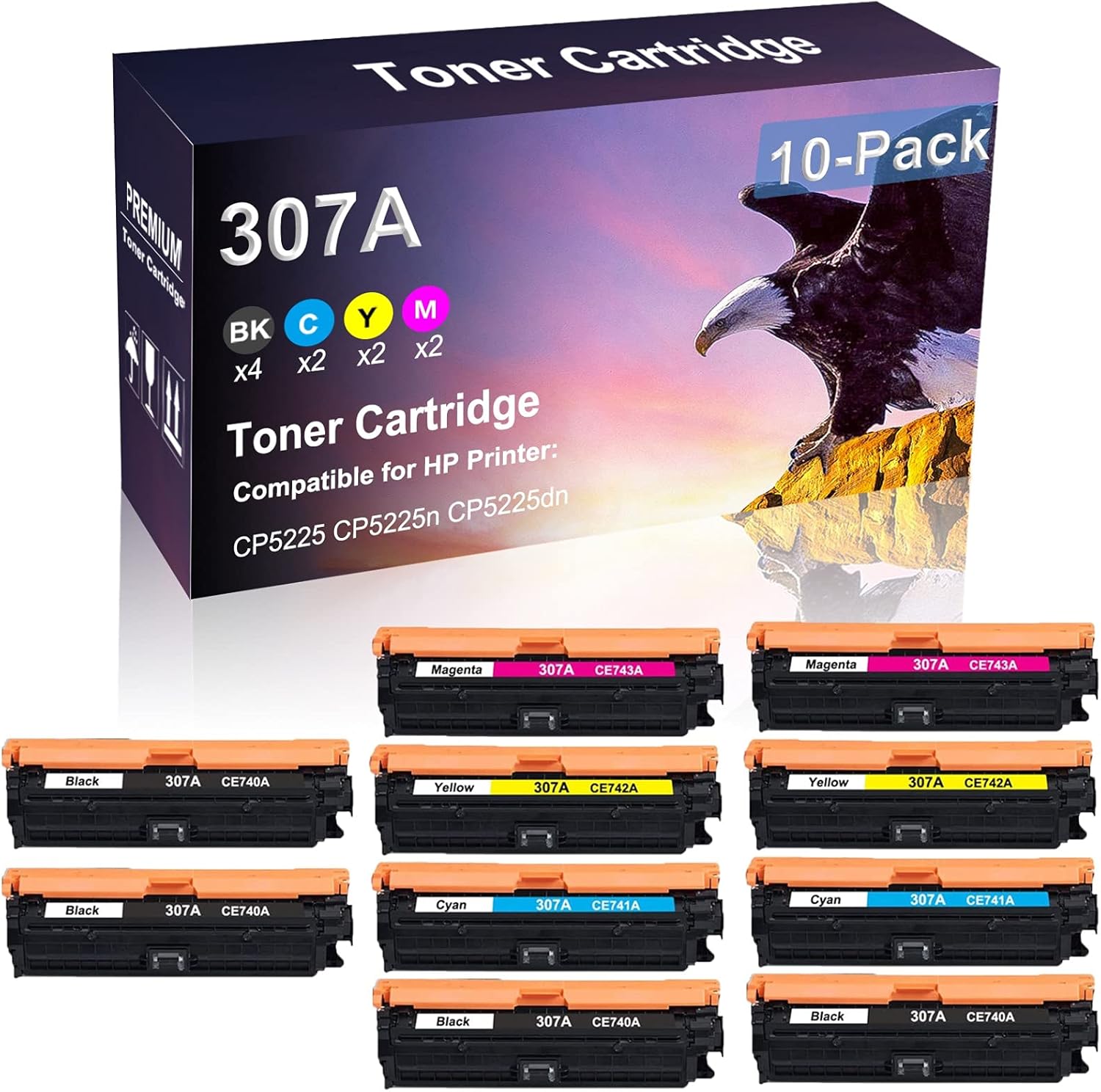 10 Pack (4BK+2C+2Y+2M) Compatible High Yield 307A | CE740A CE741A CE742A CE743A Printer Toner Cartridge use for HP CP5225 Printer