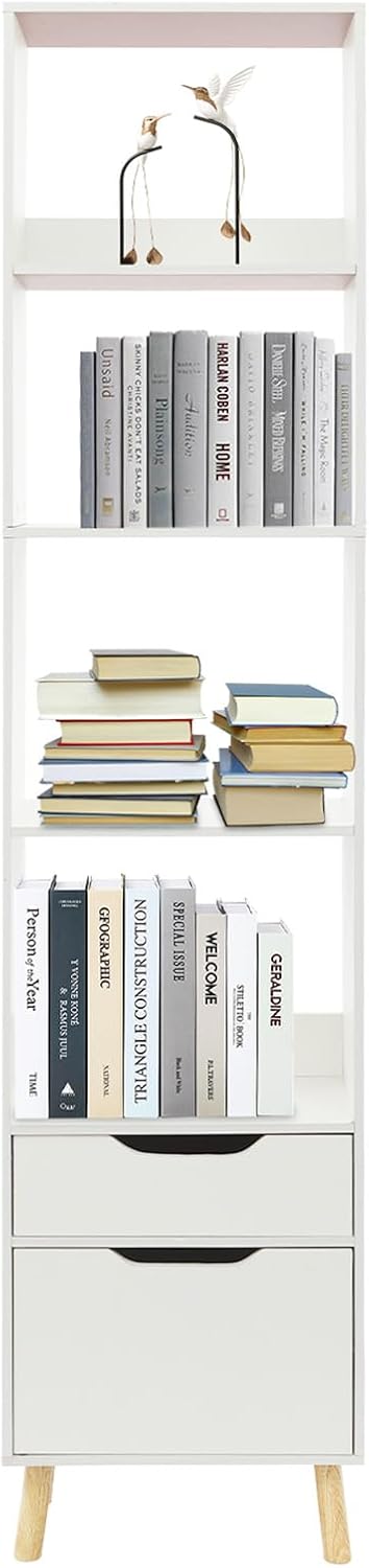 6 Tier Open Bookcase, Freestanding Book Display Stand with Drawers, Tall Bookcase Storage Shelves for Bedroom, Living Room and Office (Warm White)