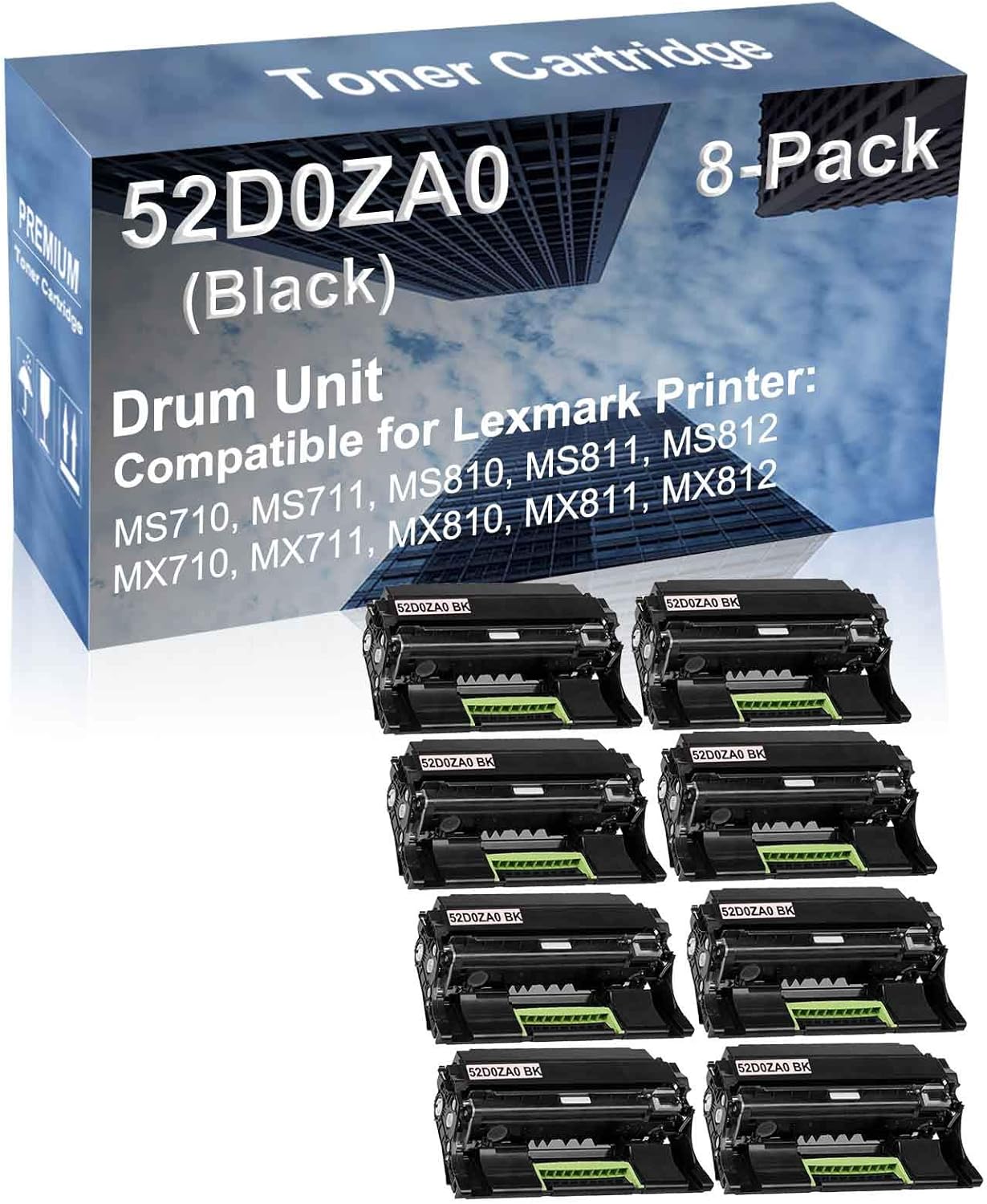 8-Pack (Black) Compatible MS812, MX710, MX711 Printer Drum Unit Replacement for Lexmark 52D0ZA0 Drum Kit