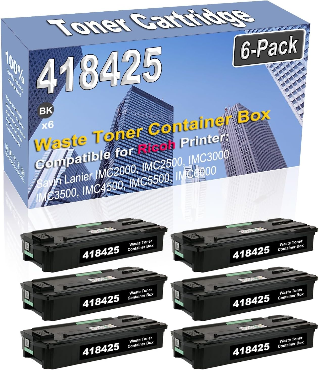 6-Pack (Black) Compatible High Capacity 418425 D0BQ6400 D0BQ-6400 Waste Toner Container Box Used for Ricoh Savin Lanier IMC2000 IMC2500 IMC3000 IMC3500 IMC4500 IMC5500 IMC6000 Printer