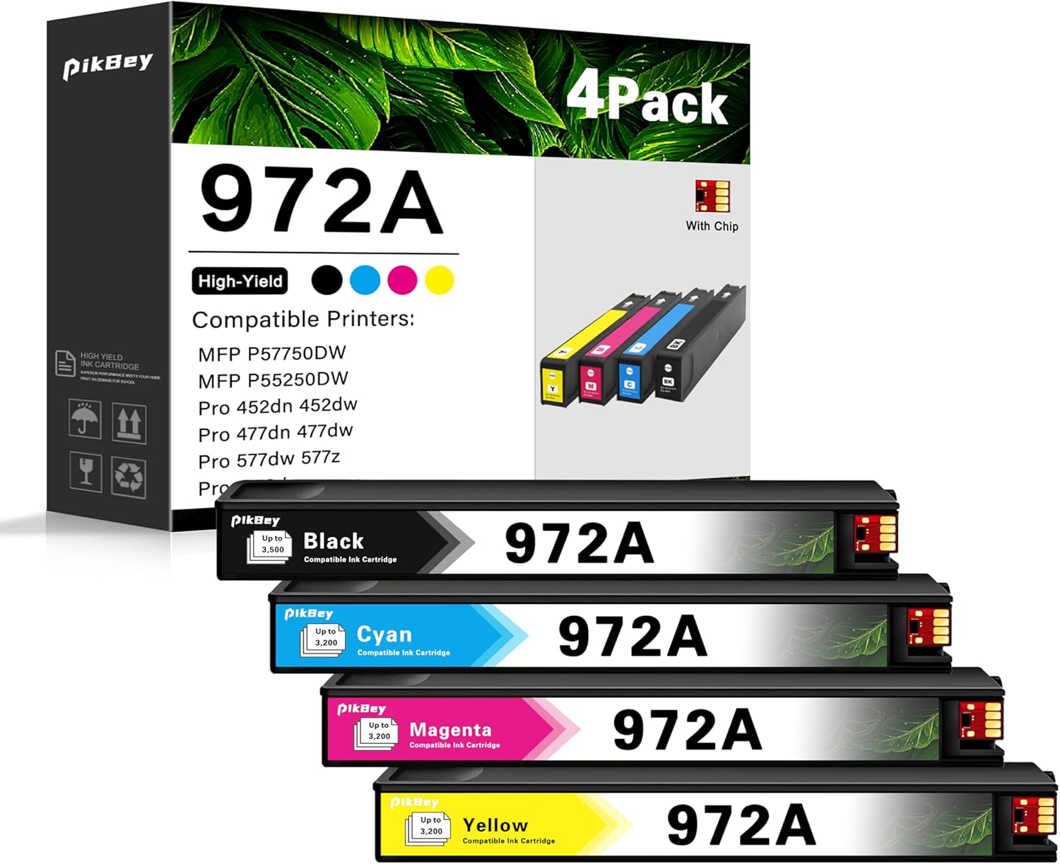 PikBey 972A Ink Cartridges High Yield Replacement for HP 972 A 972X Ink Cartridges Pagewide Pro 477dw 577dw 452dw 552dw 452dn 477dn P57750dw Printer (4-Pack, Black/Cyan/Magenta/Yellow)