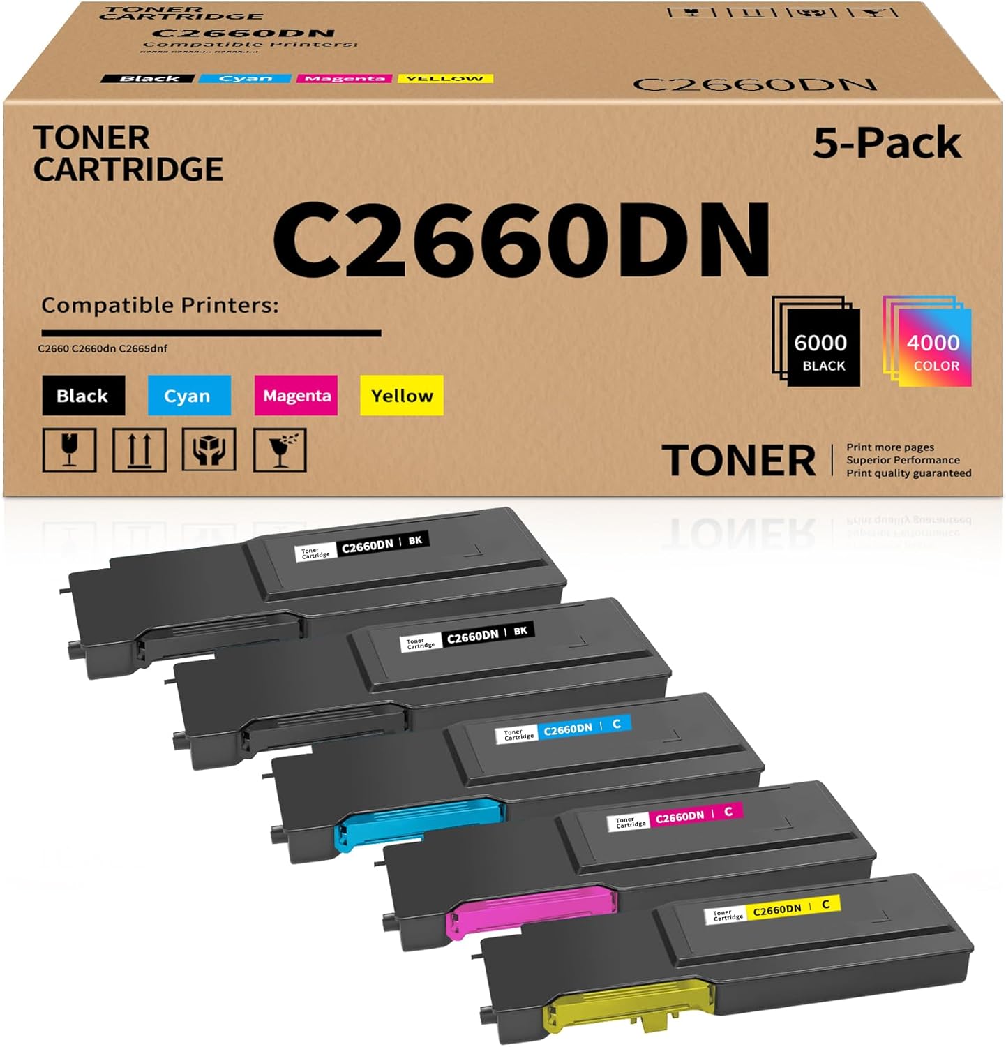 Repeka C2660DN High Yield Toner Cartridge Replacement for Dell C2660DN 593-BBBU 593-BBBT 593-BBBS 593-BBBR Compatible with Dell C2660 C2660dn C2665dnf Printers ( Black Cyan Magenta Yellow, 5 Pack)