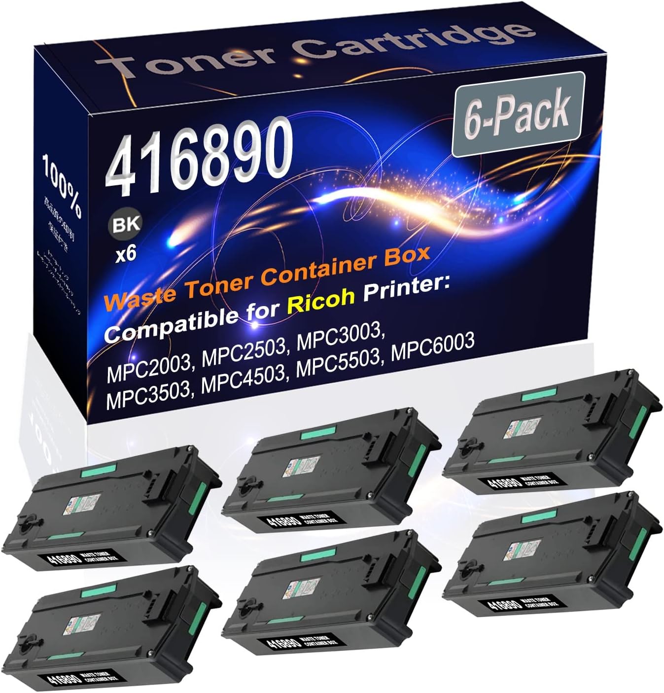 Kolasels 6-Pack (Black) Compatible MPC2003 MPC2503 MPC3003 MPC3503 MPC4503 Waste Toner Container Box (High Capacity) Replacement for Ricoh 416890 Laser Printer Cartridge