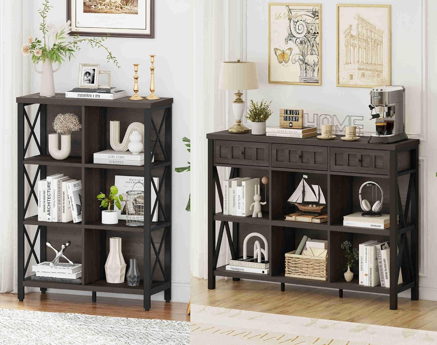 FATORRI Industrial 6 Cube Bookcase with Drawers and Bookshelf (Walnut Brown)