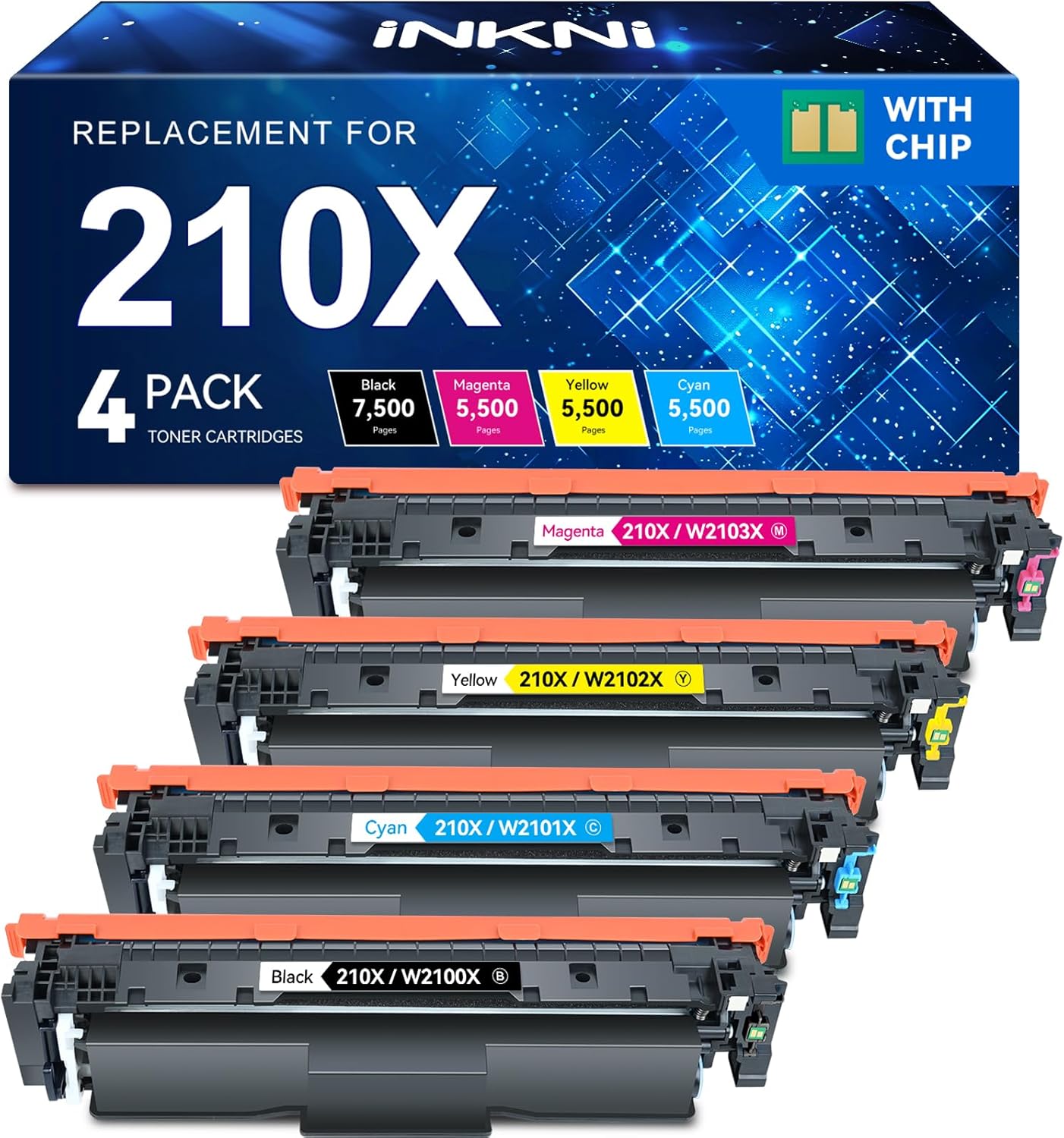210X Toner Cartridges 4 Pack High Yield Compatible Replacement for HP 210X 210A 210 Toner for HP Color Laserjet Pro MFP 4301fdw 4301fdn Pro 4201dn 4201dw Printer Ink W2100X W2100A (B/C/M/Y, With Chip)