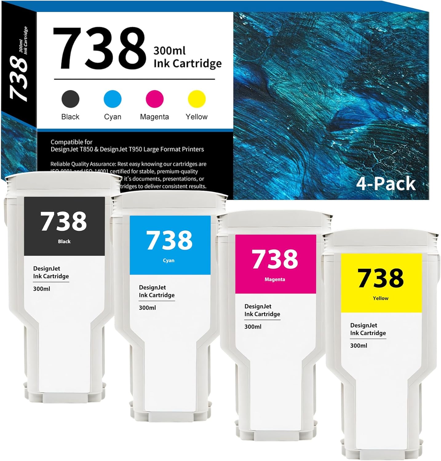 RumbaRex 738 Ink Cartridge 300ml 4-Pack (Black Cyan Magenta Yellow) 498N8A 676M6A 676M7A 676M8A Replacement for HP 738 Ink Cartridge for DesignJet T850 T950 Printer Ink