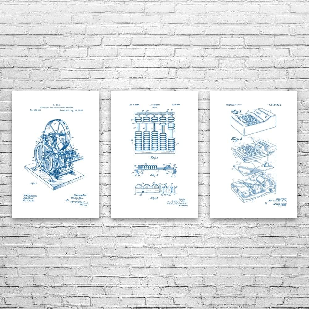 Patent Earth Calculator Posters Set of 3 (20x24), Accountant Gift, Calculator Wall Art, Math Teacher Gift, Calculator Blueprint Blue & White