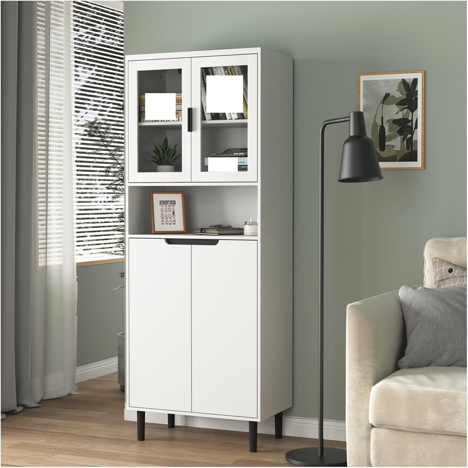 Tempered Glass Door Tall Storage Bookcase with Adjustable Board,4 Doors MDF Painting Finished Cabinet,Living Room Bedroom ﻿,for Kitchen