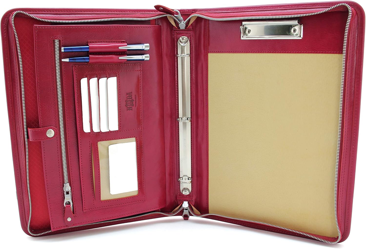 Noda Executive Leather Padfolio 3 Ring Binder Professional Business Portfolio w/Zippered Closure | Resume, Document, Notepad, Tablet, Clipboard, Writing Pad Organizer | Men, Women (red)