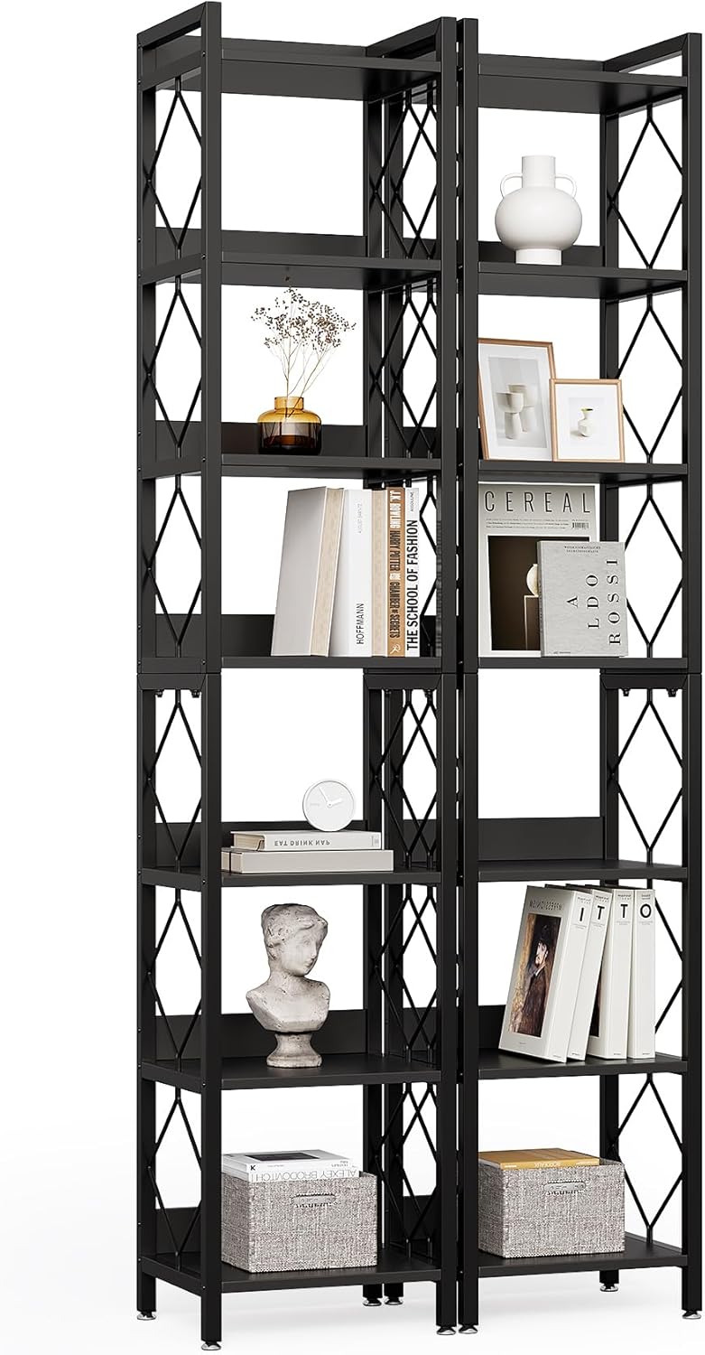 LITTLE TREE Book Shelf Set of 2, 7-Tier Tall Bookcase, Wooden Display Shelves with Metal Frame for Living Room, Modern Narrow Standing Bookshelves for Bedroom, Black Office Shelf for Small Spaces