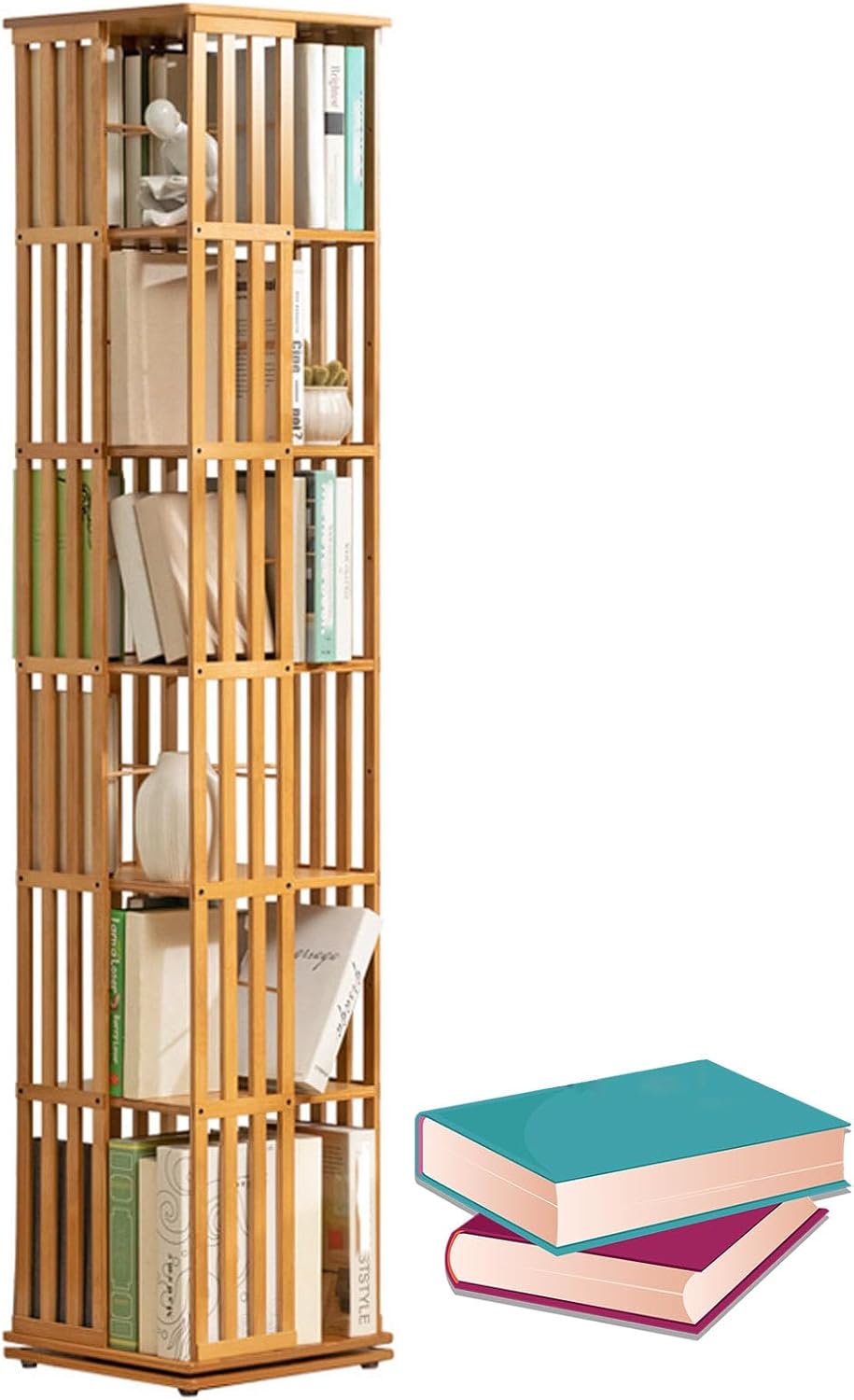FEITJMMW 6 Tier Rotating Bookshelf Corner Bookcase, 360° Wood Spinning Narrow Bookshelf, Free Standing Bookcase Shelf Revolving Organizer Storage Rack for Small Space Study Room