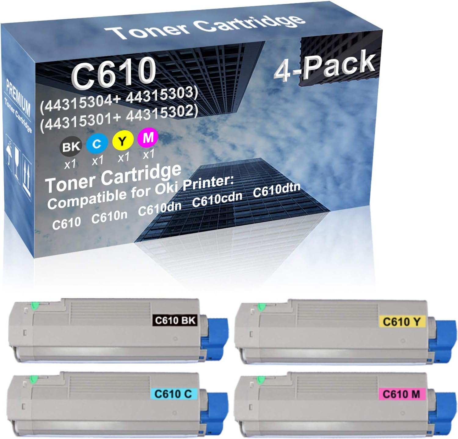 4-Pack (BK+C+Y+M) Compatible C610 C610n C610dn C610cdn C610dtn Printer Toner Cartridge High Capacity Replacement for (44315304+ 44315303+ 44315301+ 44315302) C610 Toner Cartridge