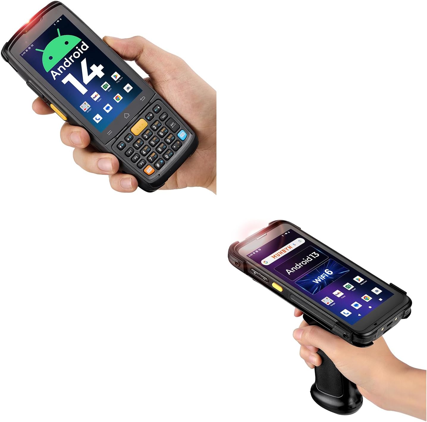 MUNBYN Android 14 Barcode Scanner, 4GB+64GB PDA Handheld, Equipped with Honeywell HS7, and IPDA101P Upgraded Android 13 Barcode Scanner with Pistol Grip, Wi-Fi 6 Mobile Computer PDA 5.5