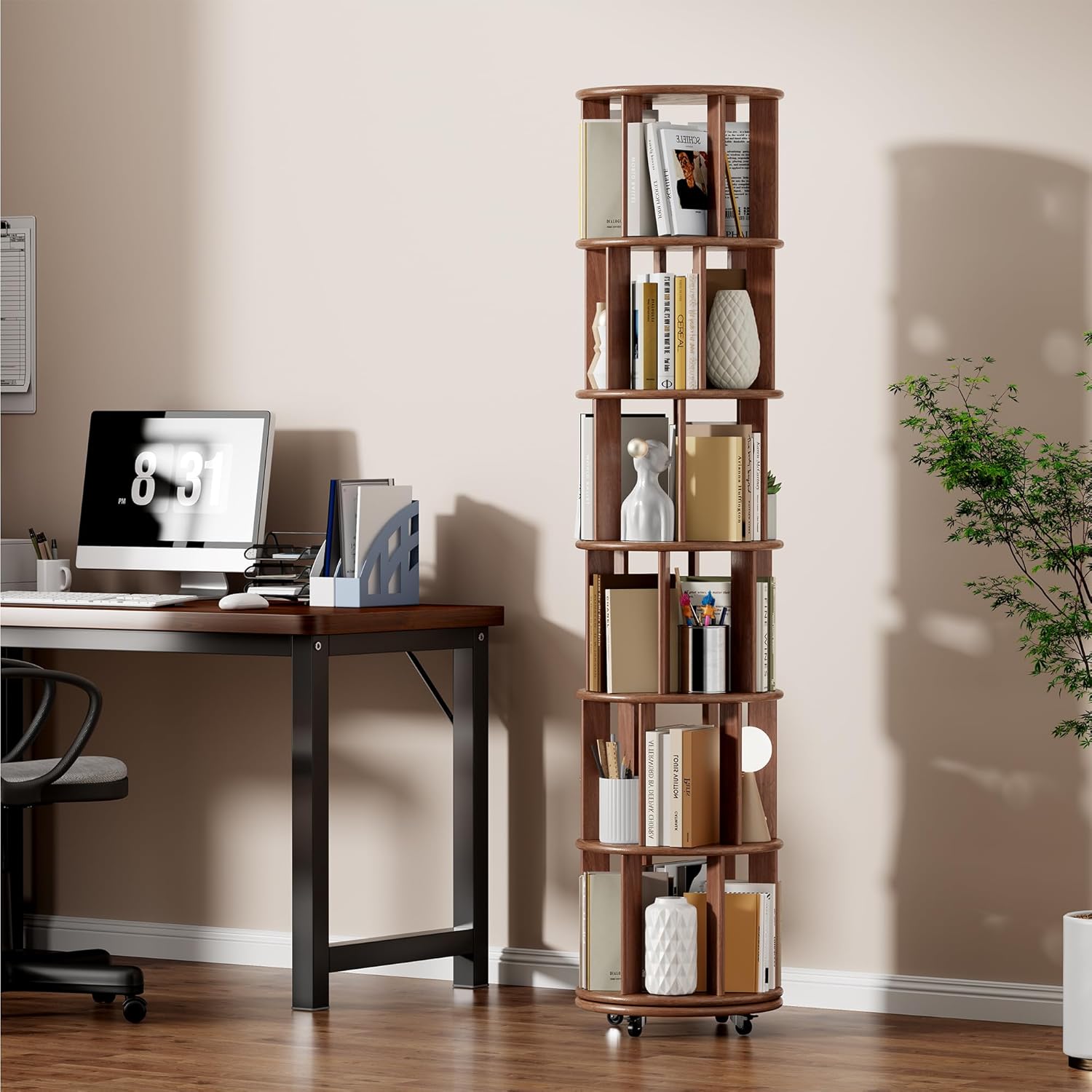 Anveffeg 6-Tier Solid Wood Rotating Bookshelf on Wheels, 360° Spinning Bookcase Tower for Small Spaces, Round Revolving Book Shelf Organizer for Bedroom & Home Office, Walnut