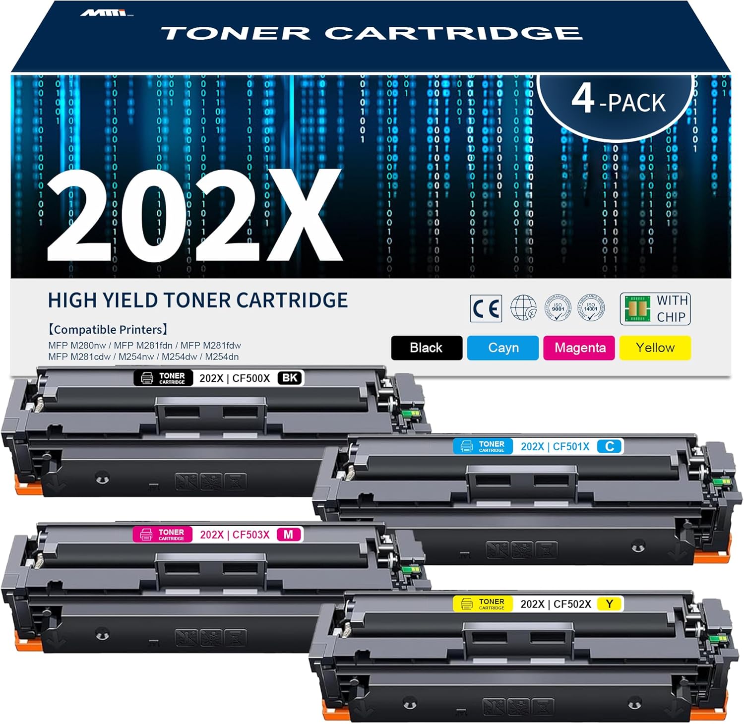 MTTL 202X Toner Cartridges - High Yield 4 Pack Replacement for HP 202X 202A Work with MFP M281fdw M281cdw M281fdn M281dw Printer Toner Cartridges | CF500X CF501X CF502X CF503X
