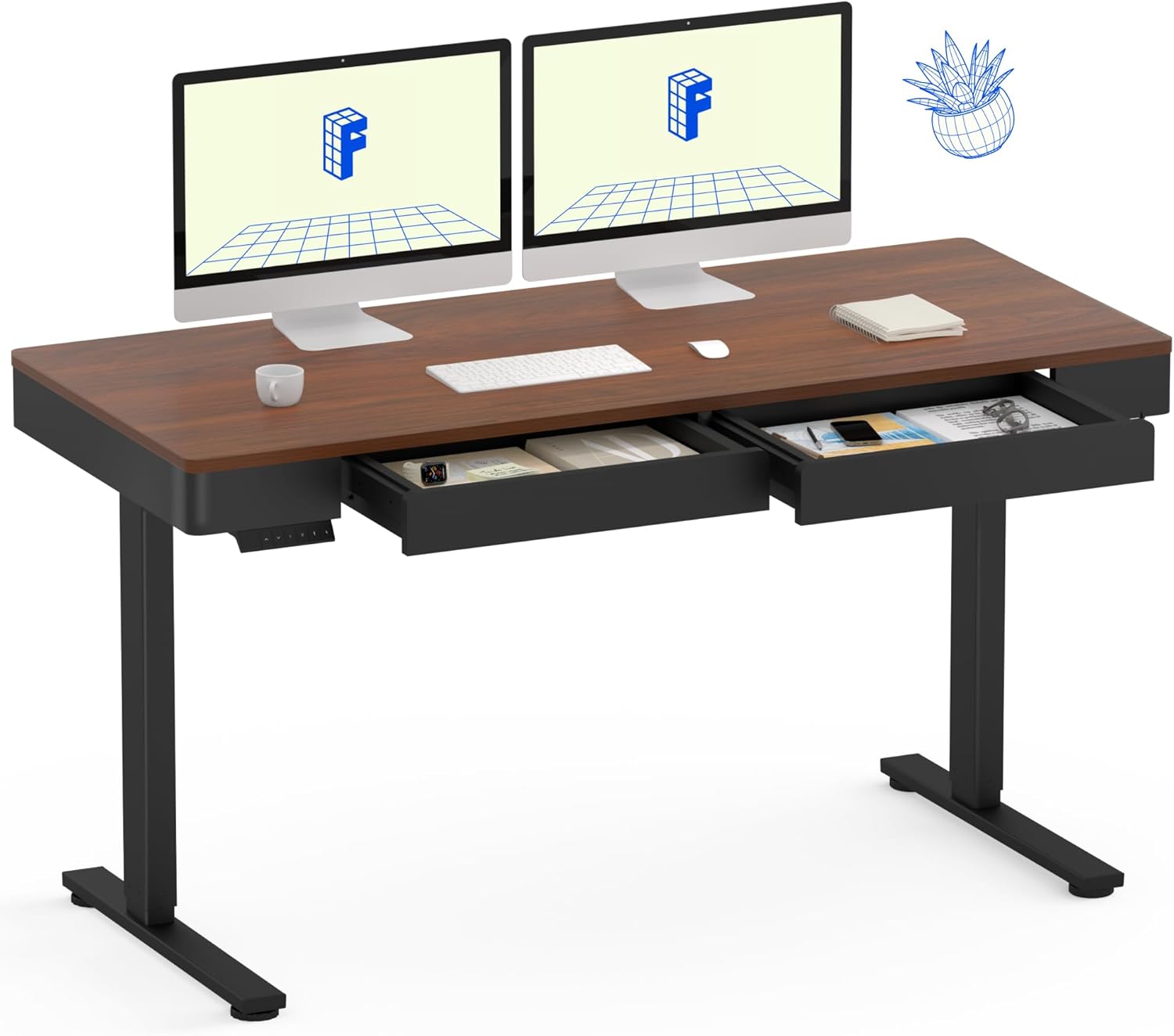 FLEXISPOT Q5 Standing Desk with Drawer, 55 x 24 Inch Whole Piece Electric Adjustable Height Stand Up Computer Workstation for Home, Office, Dark Walnut