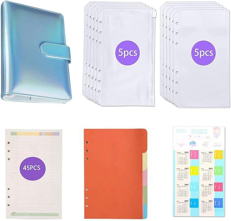 PSJVUR 63 Pieces A6 PU Leather 6 Binder Budget Planner Organizer with 10pcs Cash Envelopes,2pcs Calendar Labels, 45pcs Paper