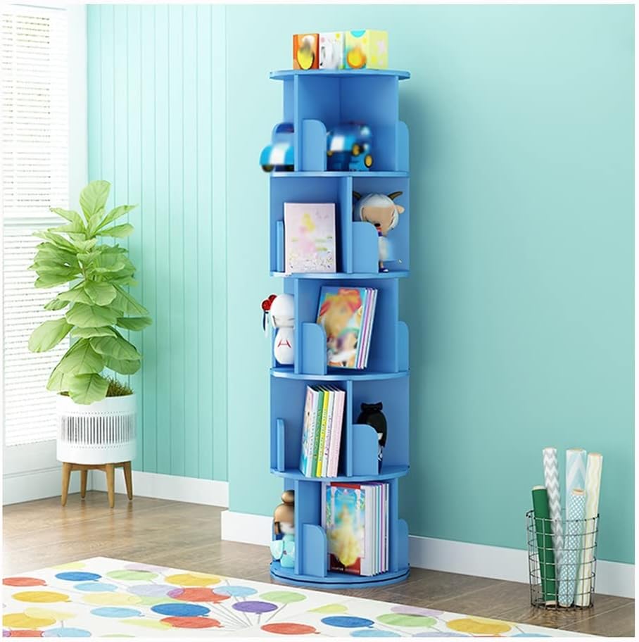 360 Degree Rotating Kids Bookshelf, Toy Picture Books CD Storage Floor Bookshelf, Space Saving Corner Blue Waterproof Bookcase (Size : 5 Tier)