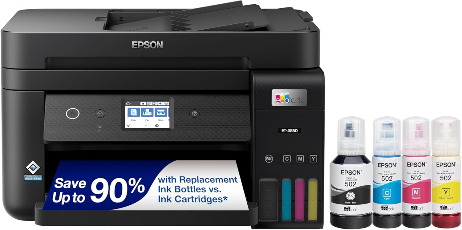 Epson EcoTank ET-4850 Wireless All-in-One Cartridge-Free Supertank with Scanner Copier, Fax, ADF and Ethernet, The Perfect Office Printer - Black