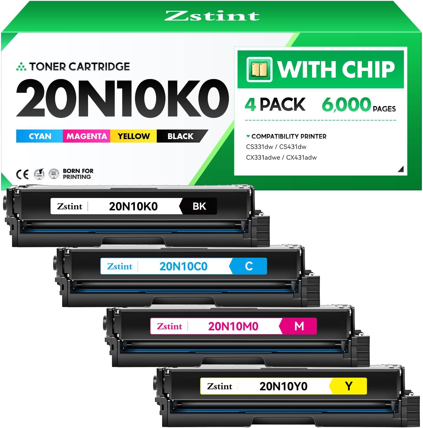 20N10K0 20N10C0 20N10M0 20N10Y0 Toner Cartridge Set（4-Pack with chip）Replacement Compatible for Lexmark Color CS331dw CS431dw CX331adwe CX431adw Laser Printer All-in-One（Black Cyan Magenta Yellow）