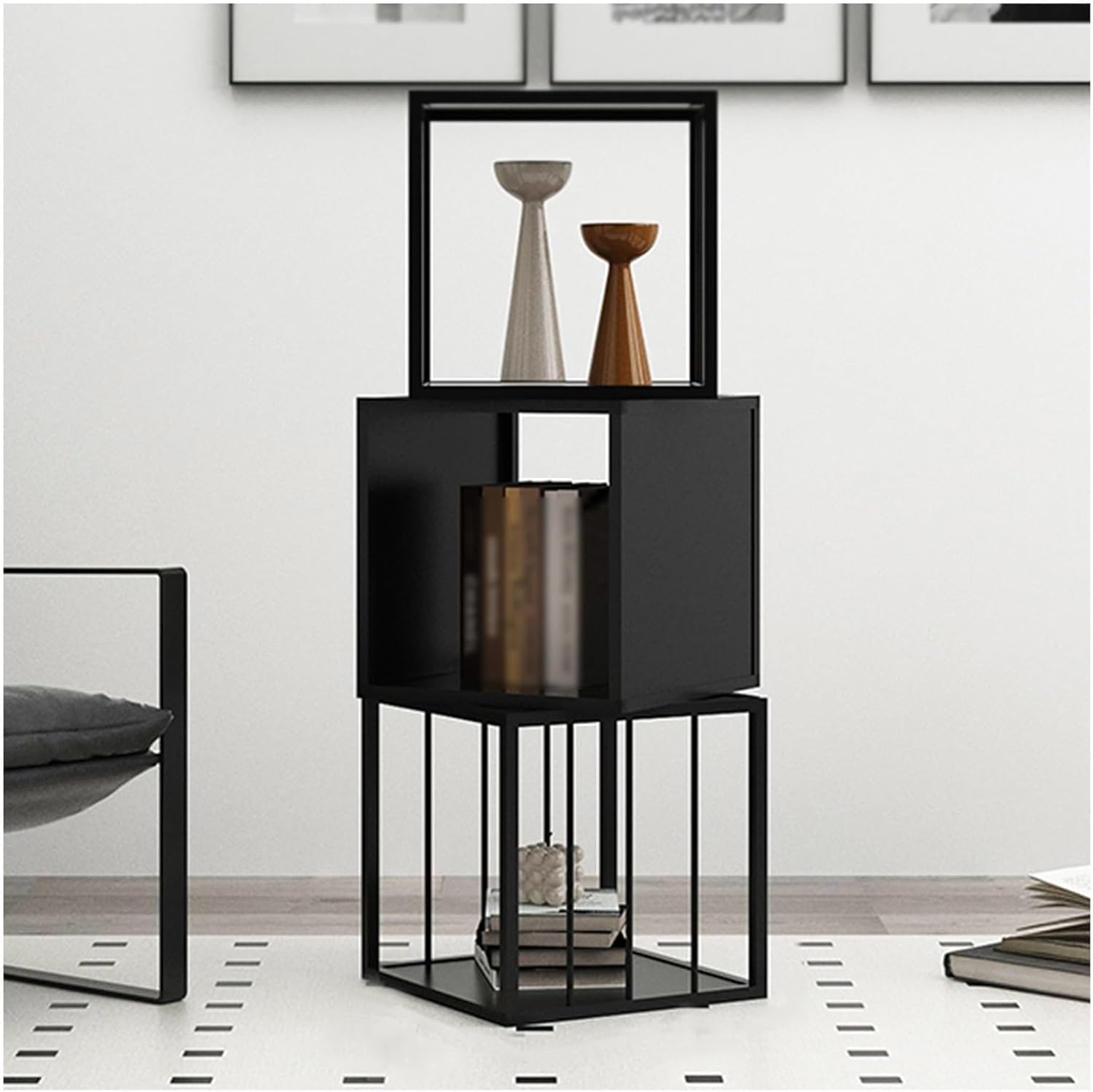 GUODDM 3/4 Tier Creative Bookshelf - Open Corner Bookcase, Floor-Standing Iron Bookshelf Storage Rack, for Office Study Home Living Room, Easy to Assemble(Black,4 Tier)