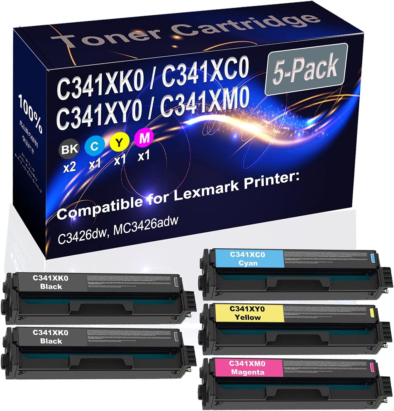 Kolasels 5-Pack (2BK+C+Y+M) Compatible C3426dw MC3426adw Laser Printer Toner Cartridge (High Capacity) Replacement for C341XK0 C341XC0 C341XY0 C341XM0 Printer Toner Cartridge